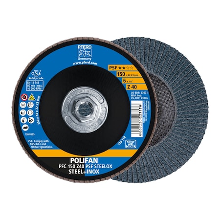 Pferd 6" x 5/8-11 Thd. POLIFAN Flap Disc - Z PSF STEELOX, Zirconia, 40 Grit, Conical 63076